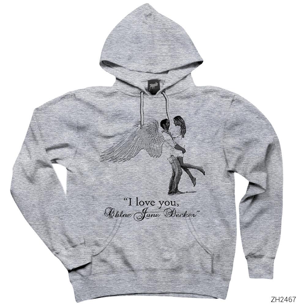 Lucifer I Love You Chloe Gri Kapşonlu Sweatshirt Hoodie