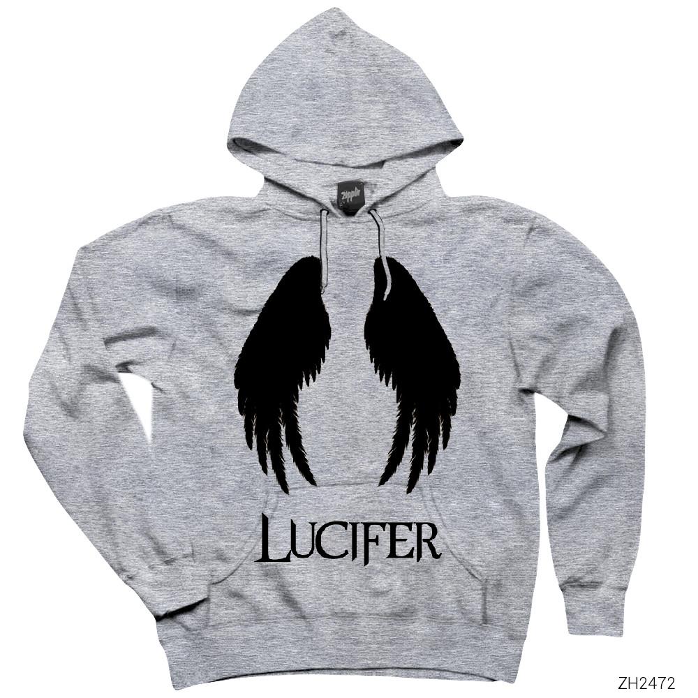 Lucifer Wings Gri Kapşonlu Sweatshirt Hoodie