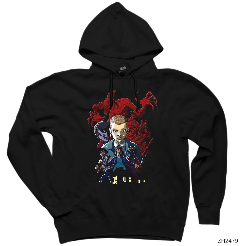Stanger Things Cartoon Siyah Kapşonlu Sweatshirt Hoodie