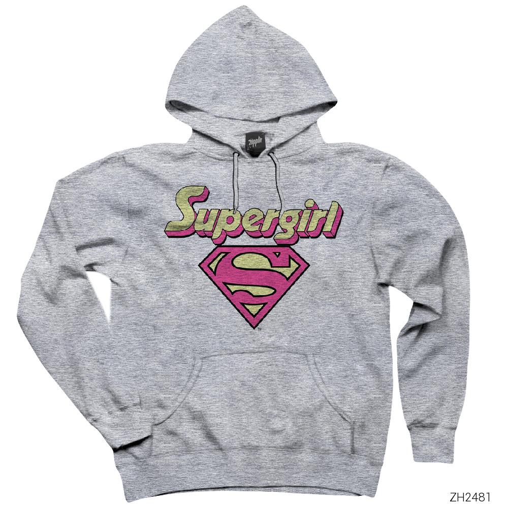 Super Girl Pink Logo Gri Kapşonlu Sweatshirt Hoodie