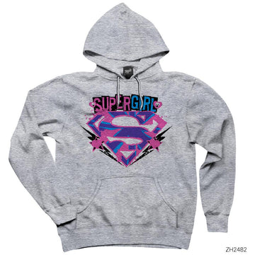 Super Girl Splash Logo Gri Kapşonlu Sweatshirt Hoodie