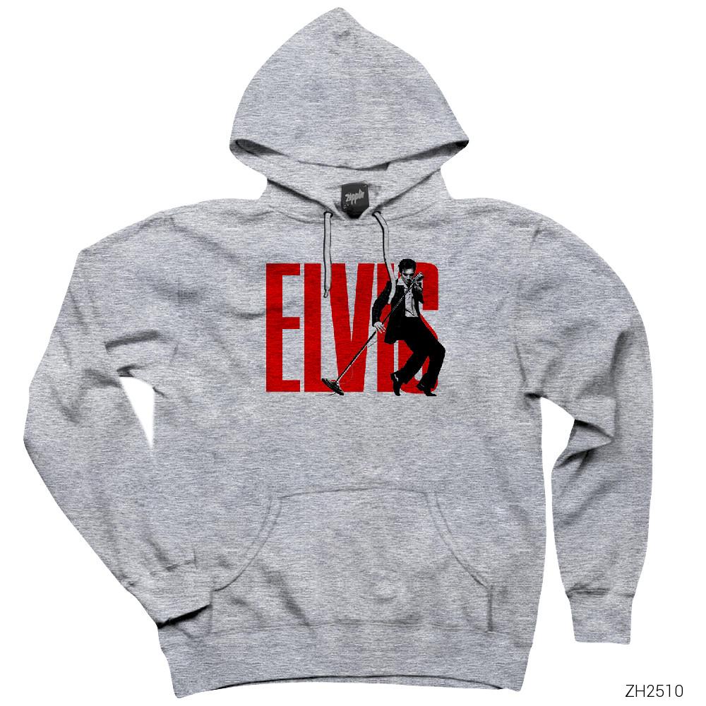 Elvis Logo Gri Kapşonlu Sweatshirt Hoodie