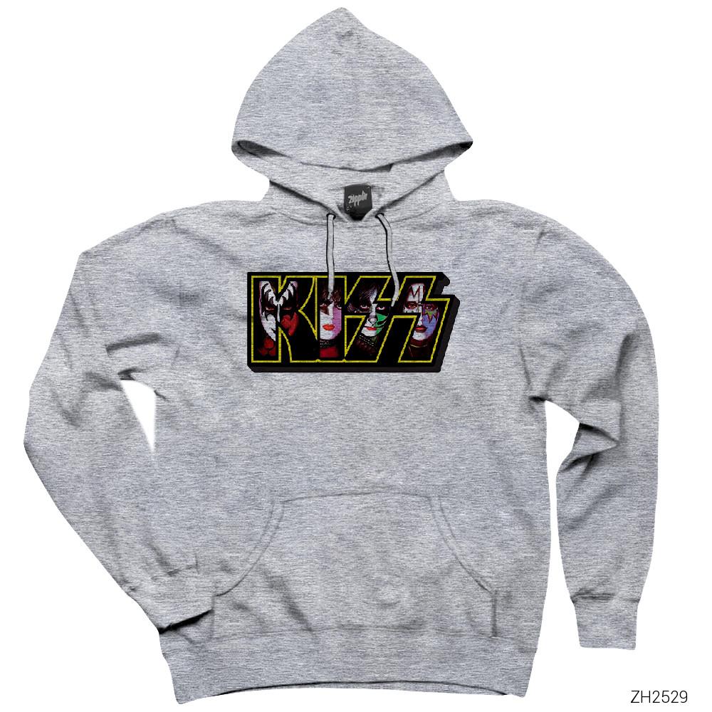 Kiss Group in Logo Gri Kapşonlu Sweatshirt Hoodie