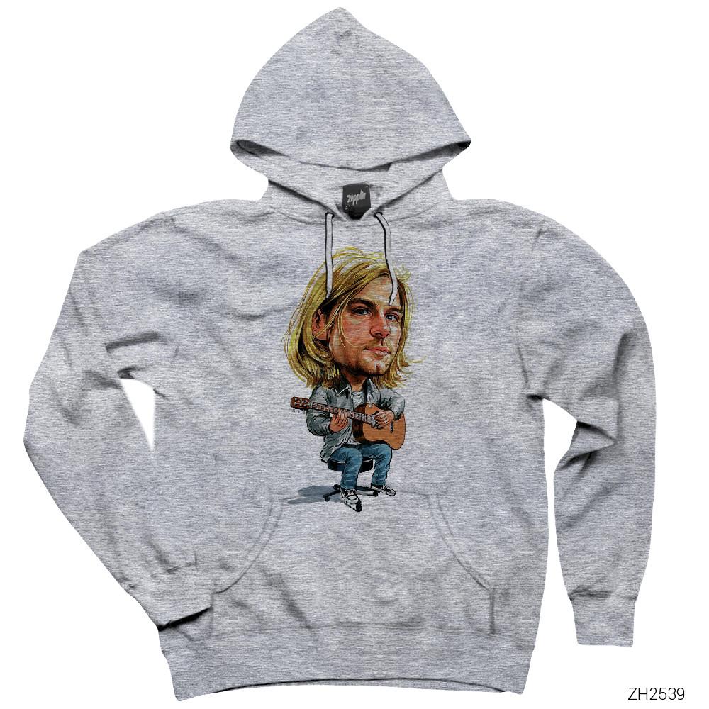 Kurt Cobain Cartoon Gri Kapşonlu Sweatshirt Hoodie