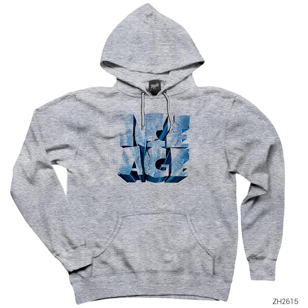 Buz Devri Logo Gri Kapşonlu Sweatshirt Hoodie
