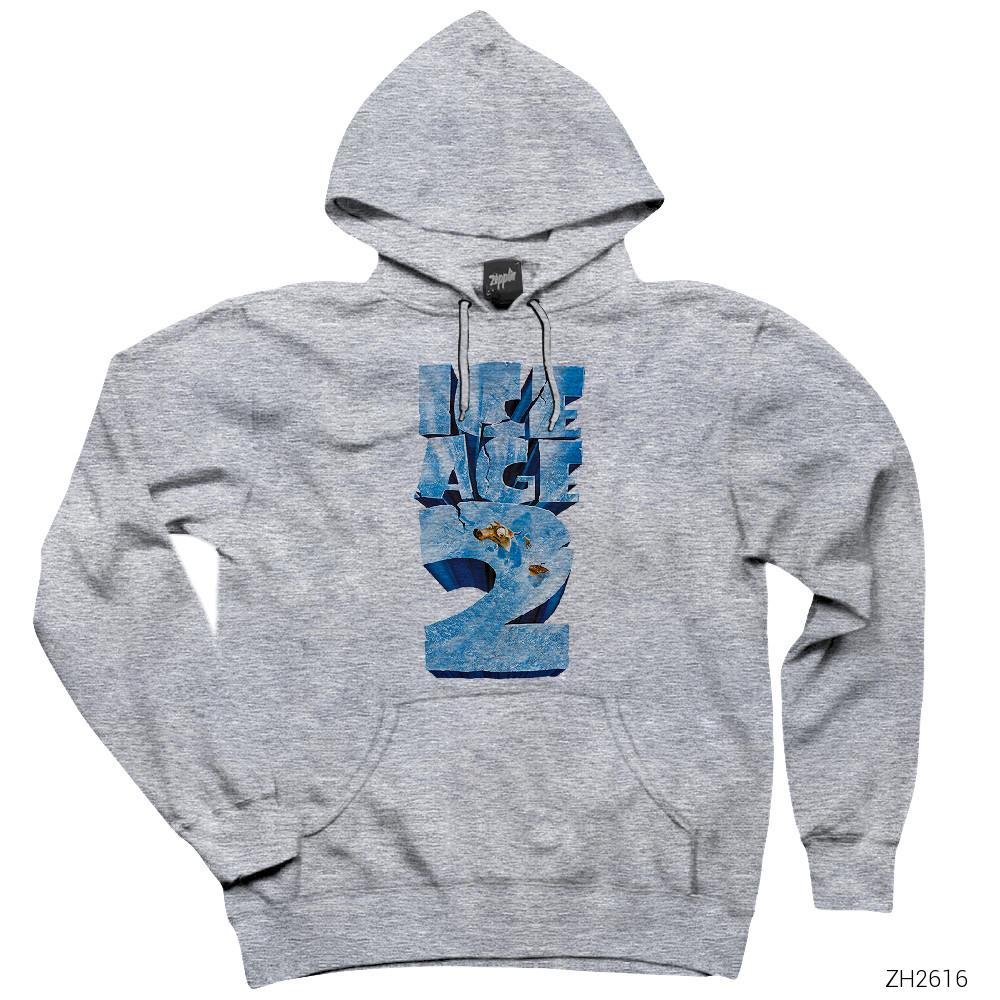 Buz Devri Logo 2 Gri Kapşonlu Sweatshirt Hoodie
