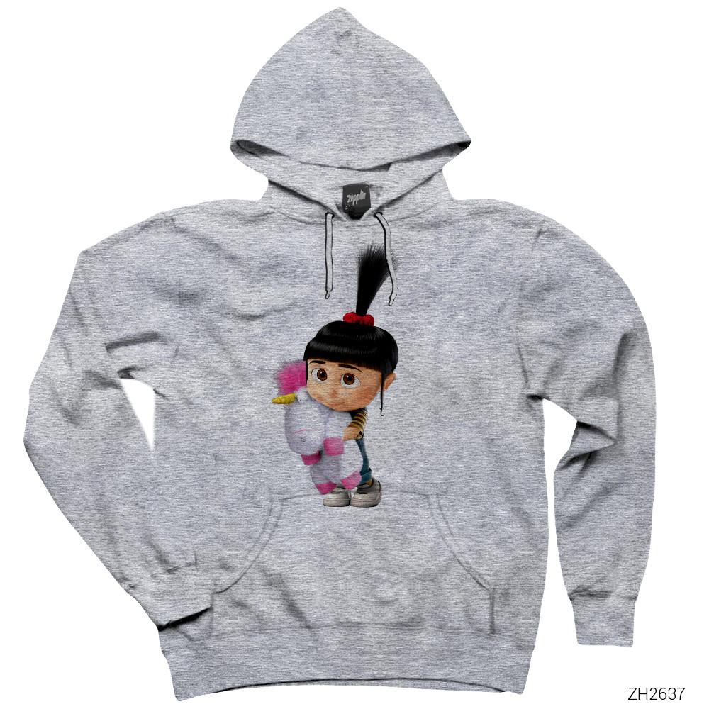 Despicable Me Agnes And Fluffy Gri Kapşonlu Sweatshirt Hoodie