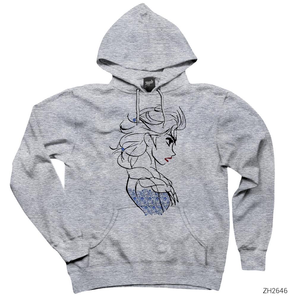 Karlar Ülkesi Elsa Çizim Gri Kapşonlu Sweatshirt Hoodie