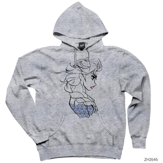 Karlar Ülkesi Elsa Çizim Gri Kapşonlu Sweatshirt Hoodie