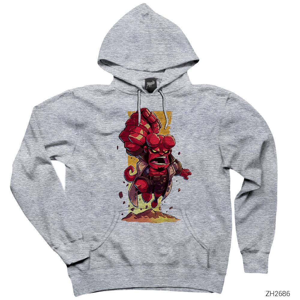 HellBoy Cartoon Gri Kapşonlu Sweatshirt Hoodie