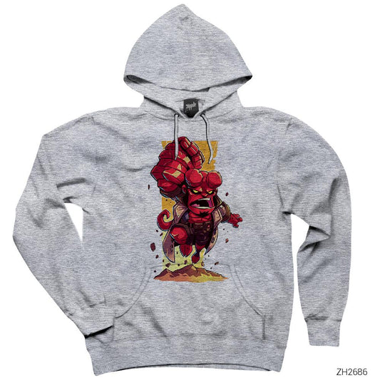 HellBoy Cartoon Gri Kapşonlu Sweatshirt Hoodie