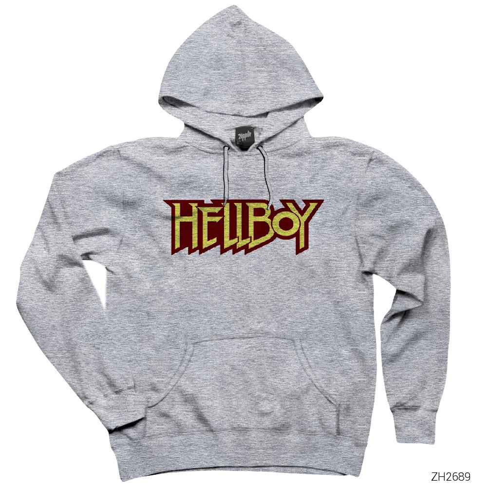HellBoy Logo Gri Kapşonlu Sweatshirt Hoodie