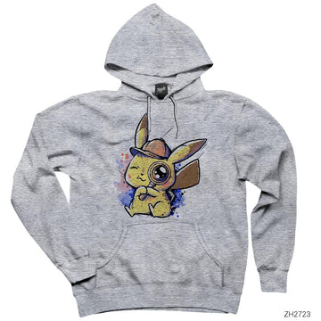 Pikachu Detective Gri Kapşonlu Sweatshirt Hoodie