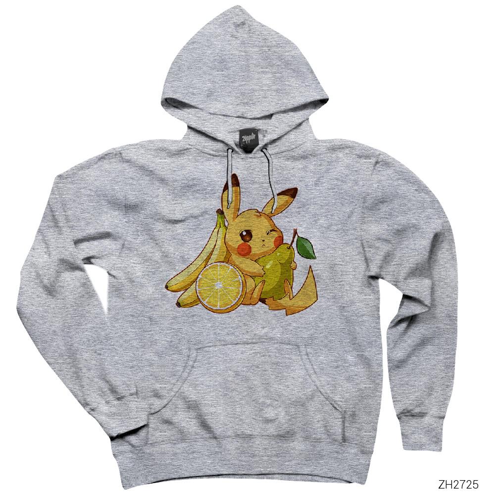 Pikachu Fruit Gri Kapşonlu Sweatshirt Hoodie