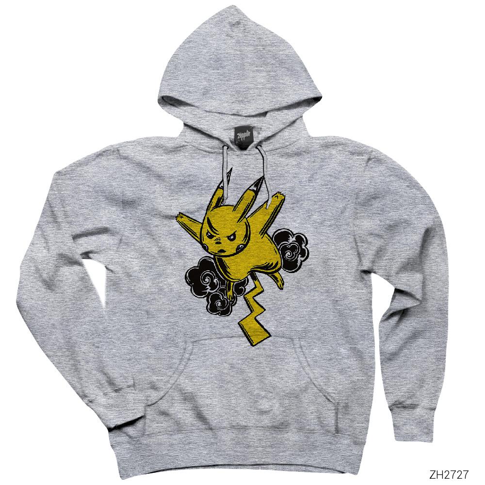 Pikachu On The Thunder Gri Kapşonlu Sweatshirt Hoodie