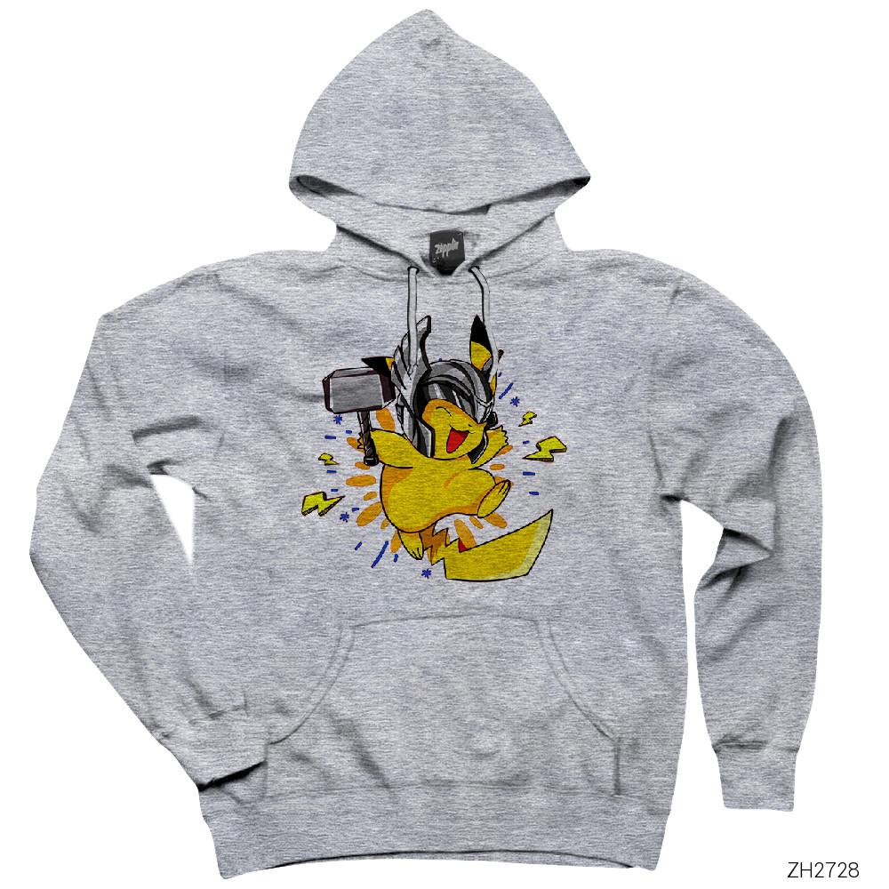 Pikachu Thor Gri Kapşonlu Sweatshirt Hoodie