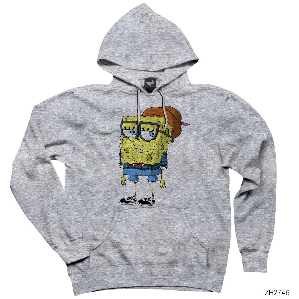 Spongebob Hipster Gri Kapşonlu Sweatshirt Hoodie