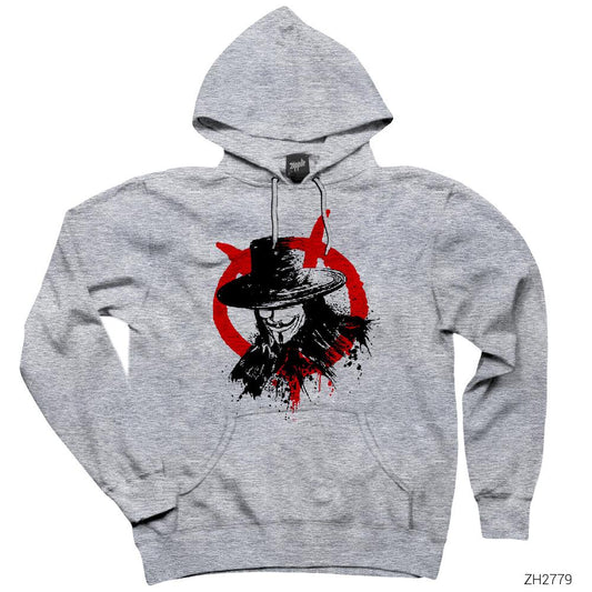 V for Vendetta Face Gri Kapşonlu Sweatshirt Hoodie