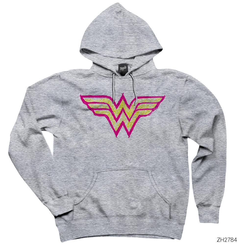 Wonder Woman Logo Gri Kapşonlu Sweatshirt Hoodie