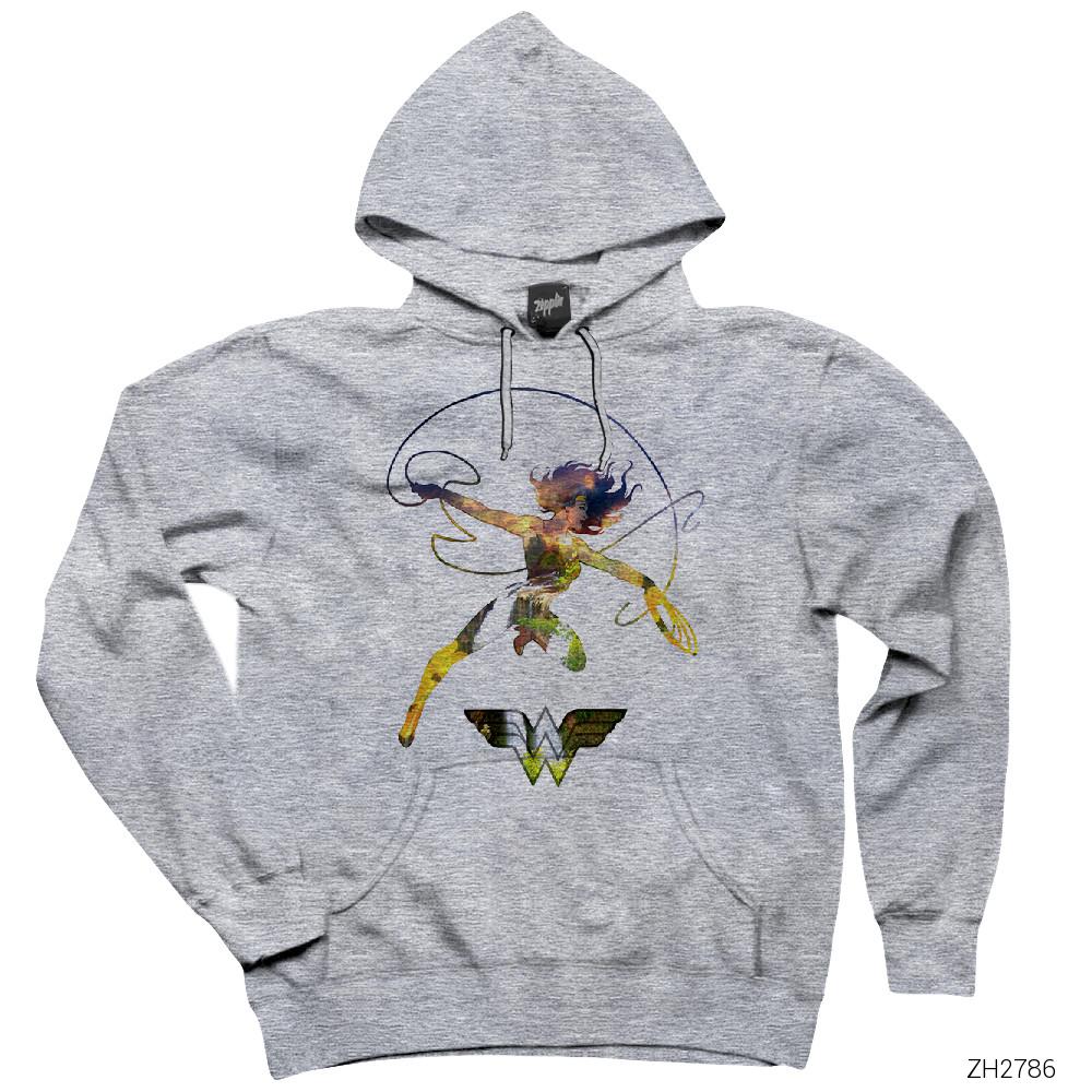 Wonder Woman Waterfall Gri Kapşonlu Sweatshirt Hoodie