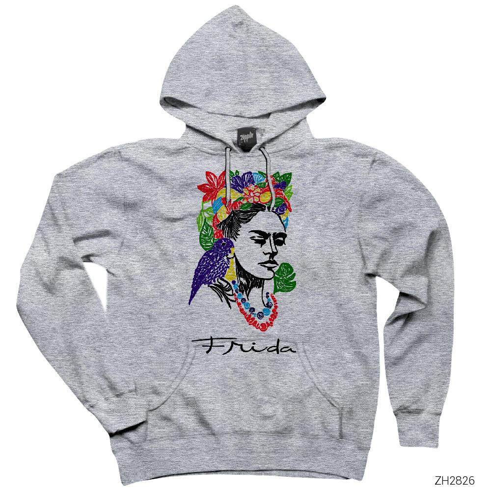 Frida Kahlo Drawing Gri Kapşonlu Sweatshirt Hoodie