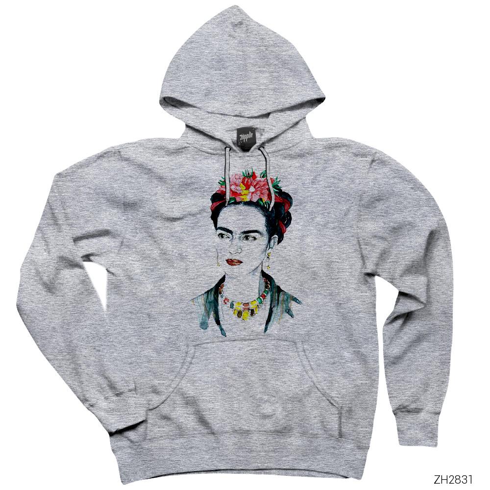 Frida Kahlo Portre 4 Gri Kapşonlu Sweatshirt Hoodie