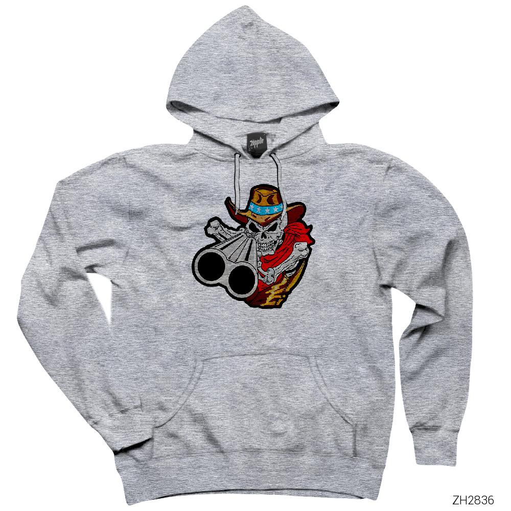 İskelet Silahlı Gri Kapşonlu Sweatshirt Hoodie