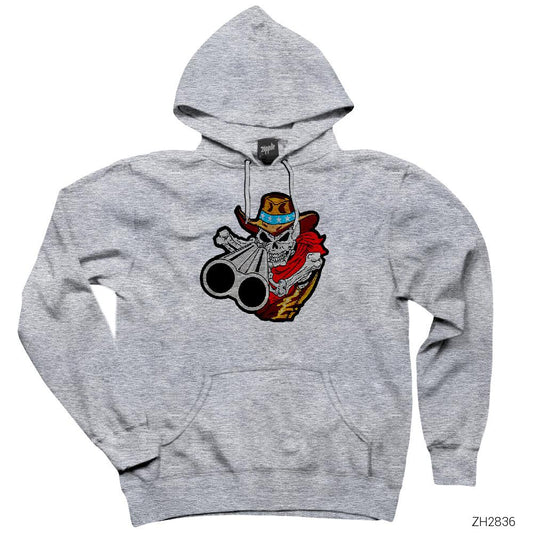 İskelet Silahlı Gri Kapşonlu Sweatshirt Hoodie