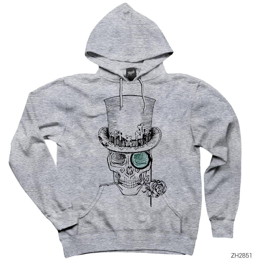 Skull and Rose Gri Kapşonlu Sweatshirt Hoodie