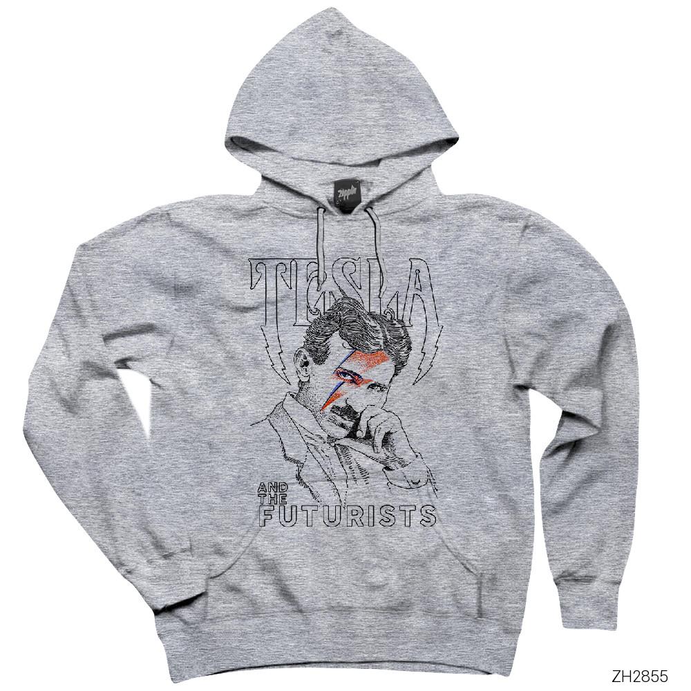 Tesla Futurist Gri Kapşonlu Sweatshirt Hoodie