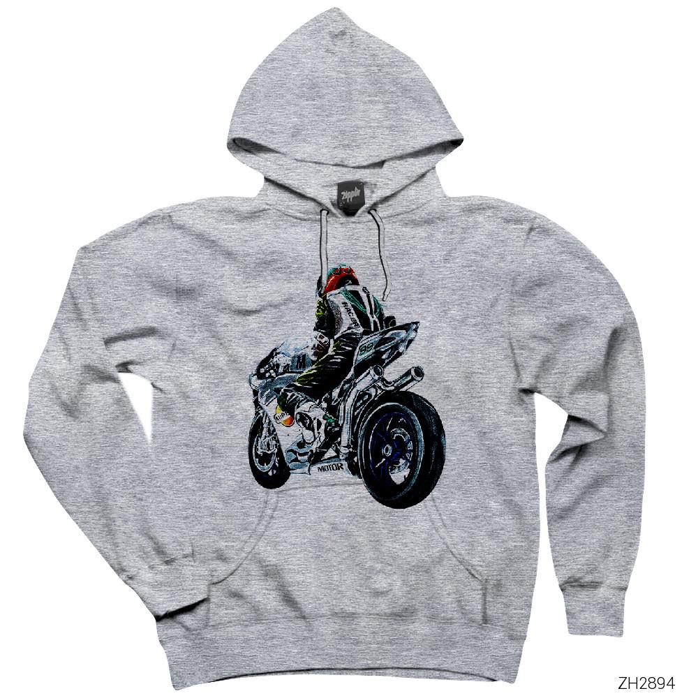 Motorcycle Drawing Gri Kapşonlu Sweatshirt Hoodie