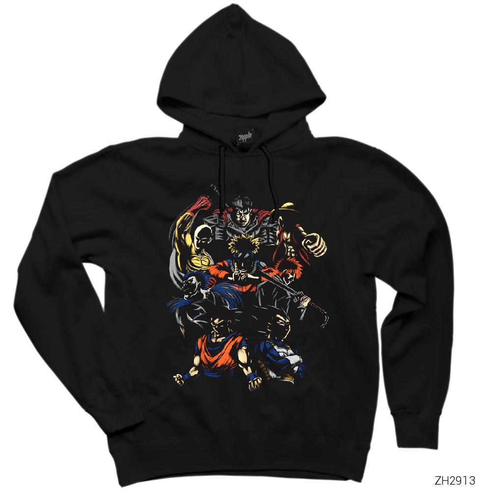 Anime Characters Siyah Kapşonlu Sweatshirt Hoodie