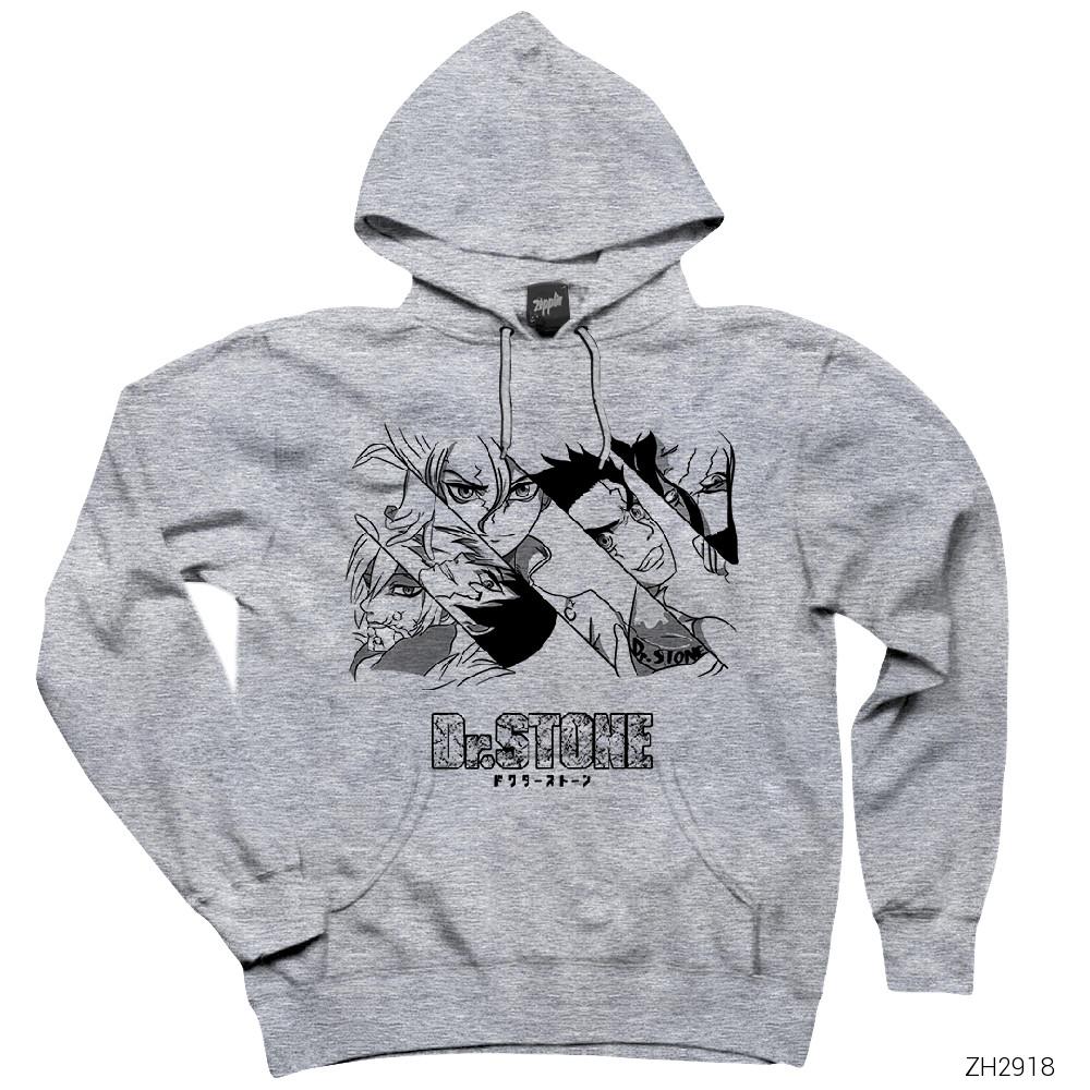 Dr. Stone Team Gri Kapşonlu Sweatshirt Hoodie
