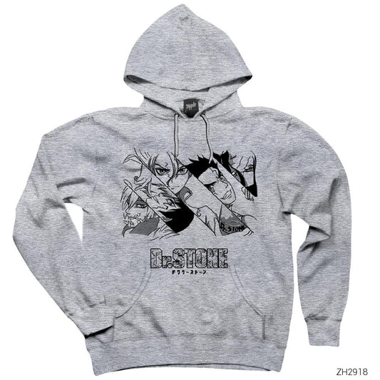 Dr. Stone Team Gri Kapşonlu Sweatshirt Hoodie