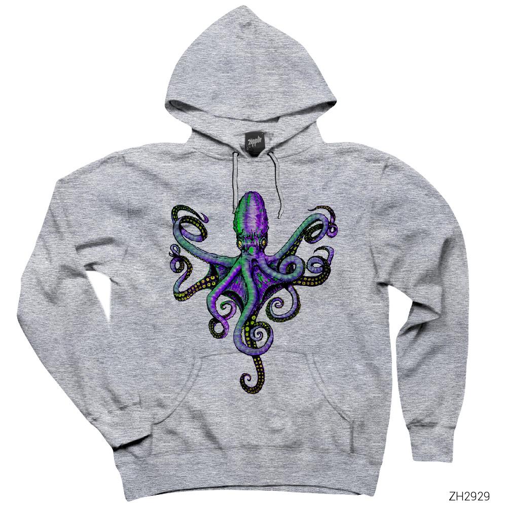 Ahtapot Renkli Gri Kapşonlu Sweatshirt Hoodie