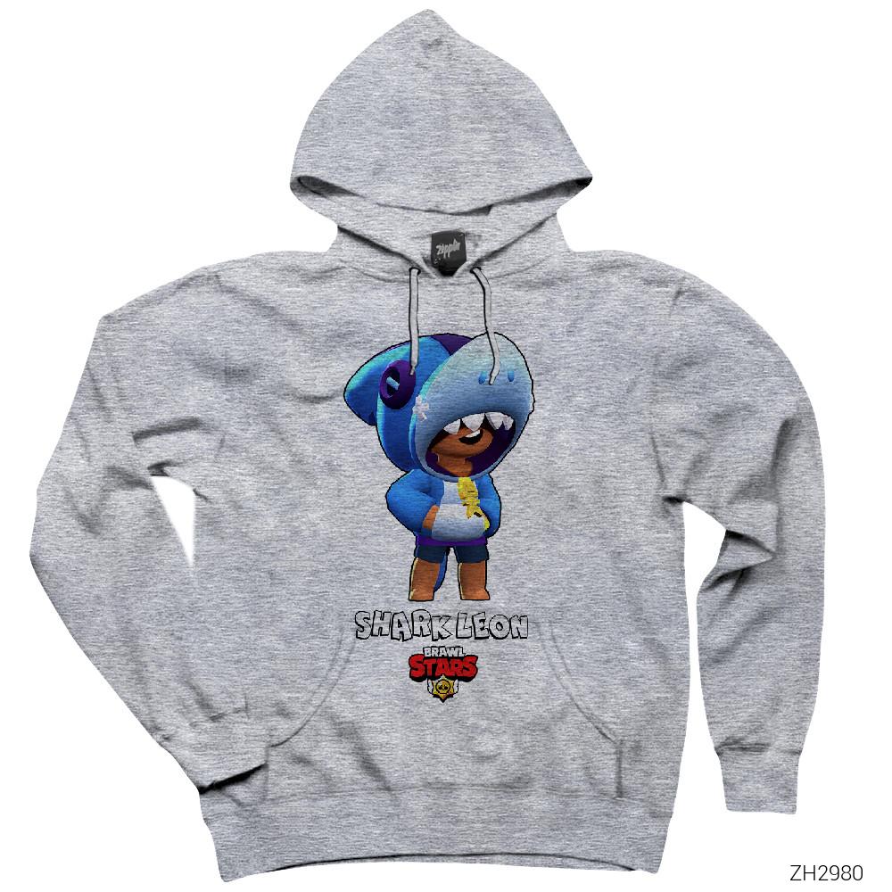 Brawl Stars Shark Leon Gri Kapşonlu Sweatshirt Hoodie
