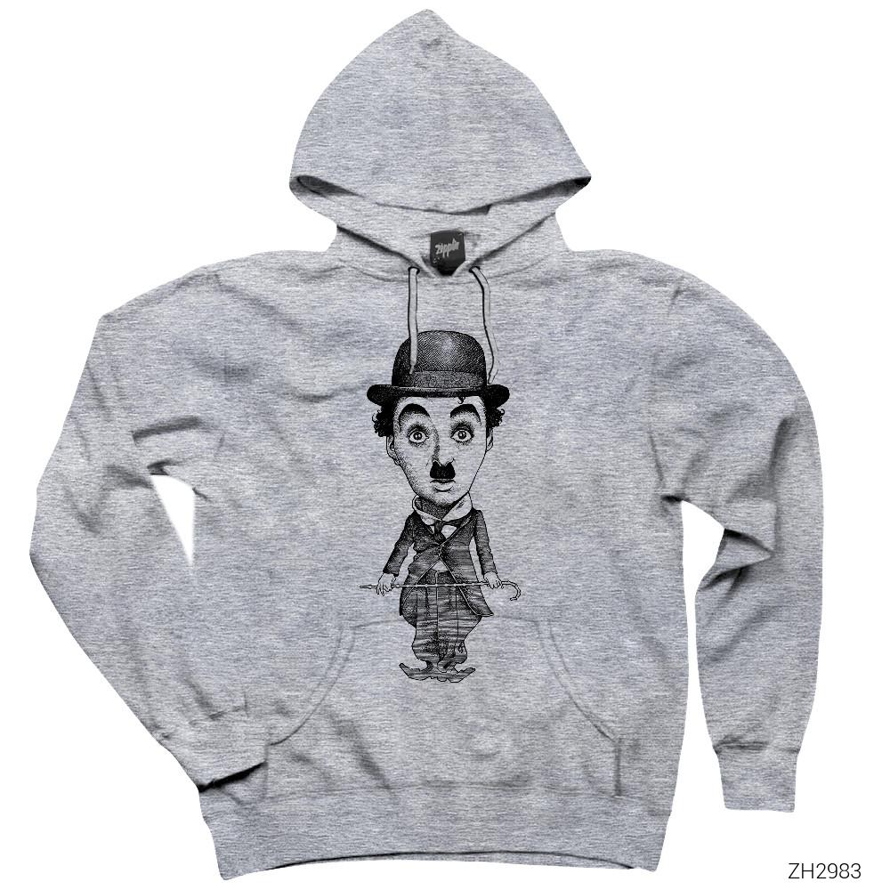 Charlie Chaplin Karikatür Gri Kapşonlu Sweatshirt Hoodie
