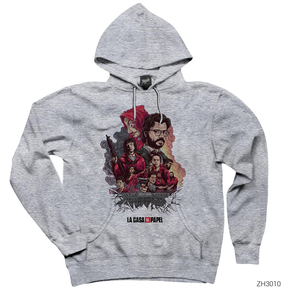 La Casa de Papel Members Gri Kapşonlu Sweatshirt Hoodie