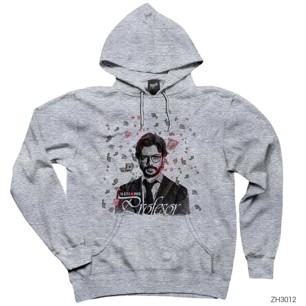 La Casa de Papel Profesor in Money Gri Kapşonlu Sweatshirt Hoodie