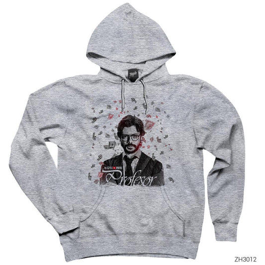 La Casa de Papel Profesor in Money Gri Kapşonlu Sweatshirt Hoodie