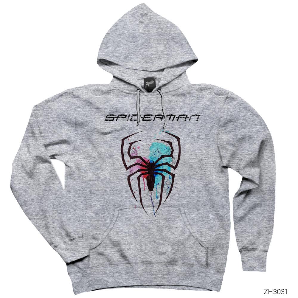 Spiderman Colored Gri Kapşonlu Sweatshirt Hoodie