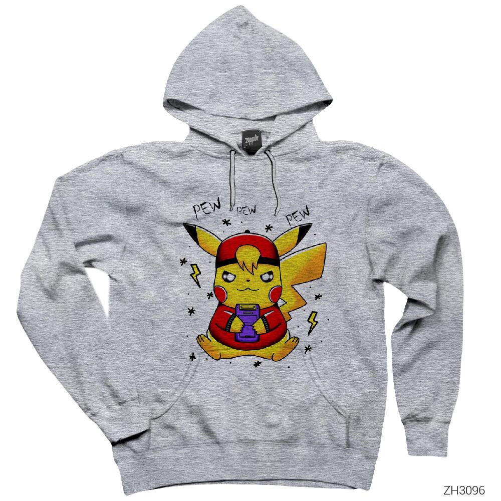 Pikachu Pew Gri Kapşonlu Sweatshirt Hoodie