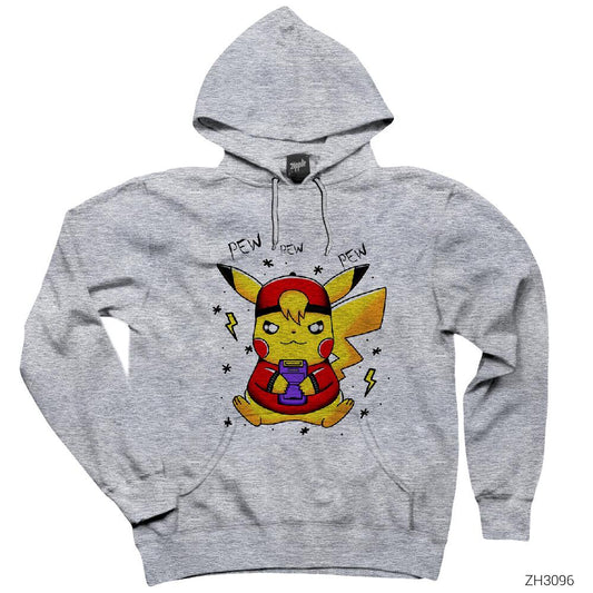 Pikachu Pew Gri Kapşonlu Sweatshirt Hoodie