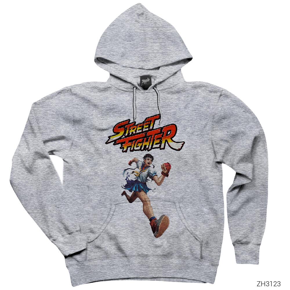 Street Fighter Sakura Gri Kapşonlu Sweatshirt Hoodie