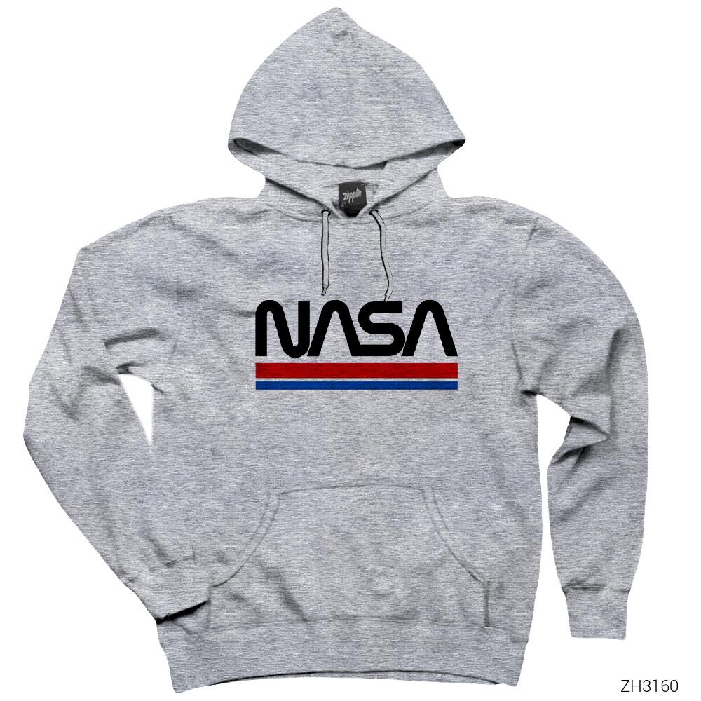Nasa Red Blue Gri Kapşonlu Sweatshirt Hoodie