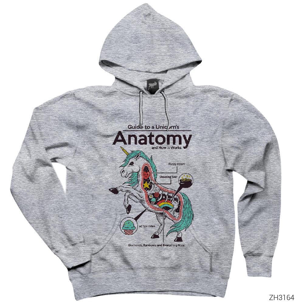 Unicorn Anatomy Gri Kapşonlu Sweatshirt Hoodie