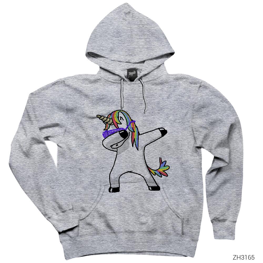 Unicorn Dabbing Gri Kapşonlu Sweatshirt Hoodie