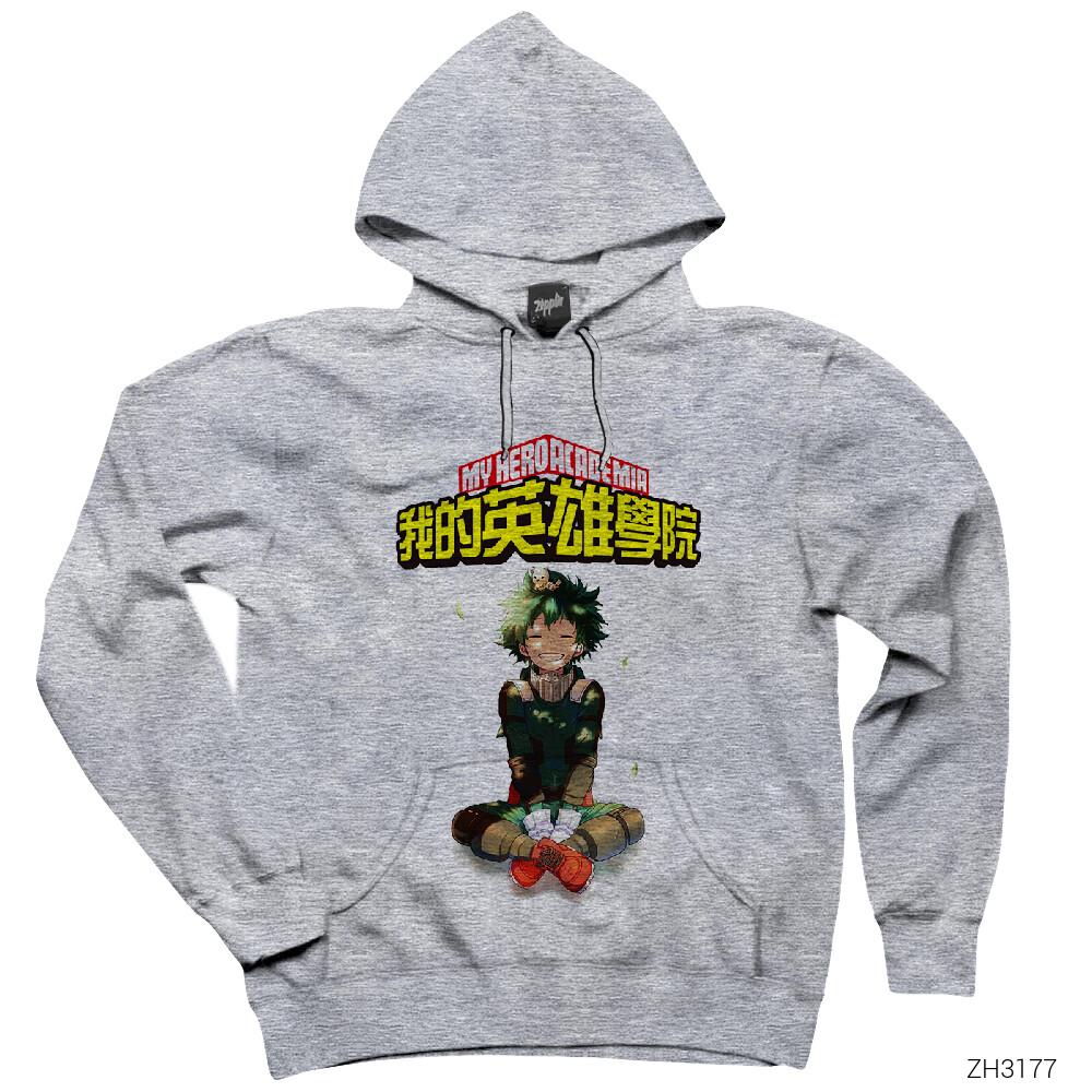 My Hero Academia Izuku Midoriya Gri Kapşonlu Sweatshirt Hoodie