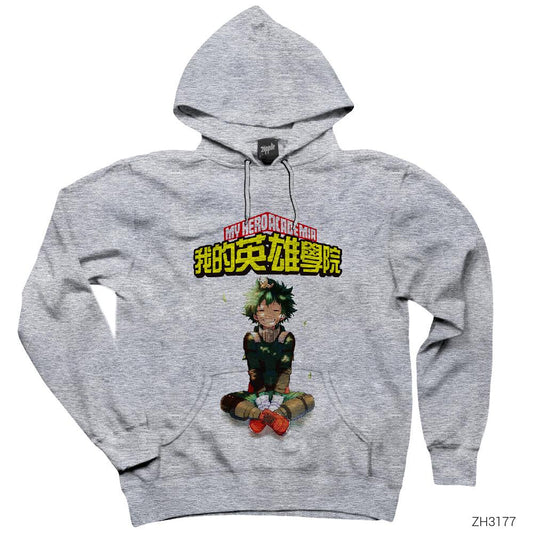 My Hero Academia Izuku Midoriya Gri Kapşonlu Sweatshirt Hoodie