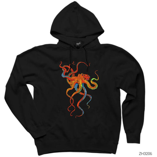 Ahtapot Octopus Full Color Siyah Kapşonlu Sweatshirt Hoodie